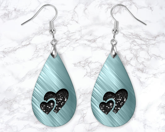 Aqua Brushed Metal Heart Drop Earrings