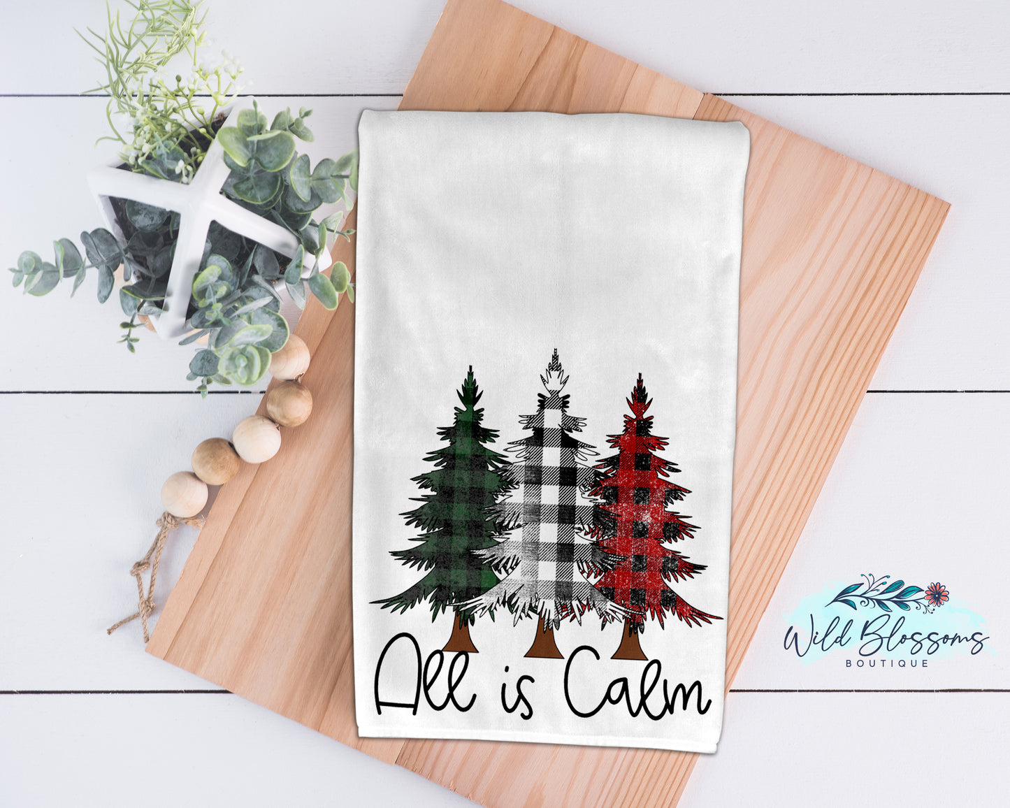 All Is Calm Buffalo Plaid Christmas Trees Kitchen Towel