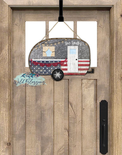 Patriotic American Flag Camper Shaped Personalized Door Hanger
