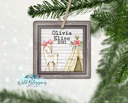 Rustic Personalized Baby Girl Deer Ornament