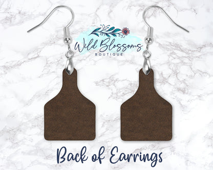 Floral Embossed Leather Look Cow Tag Drop Earrings