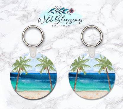 Beach Scene Personalized Round or Square Double Sided Keychain