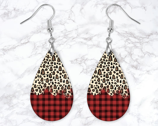 Buffalo Plaid And Leopard Print Trees Drop Earrings