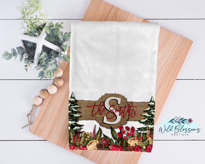 Christmas Floral Burlap Kitchen Towel