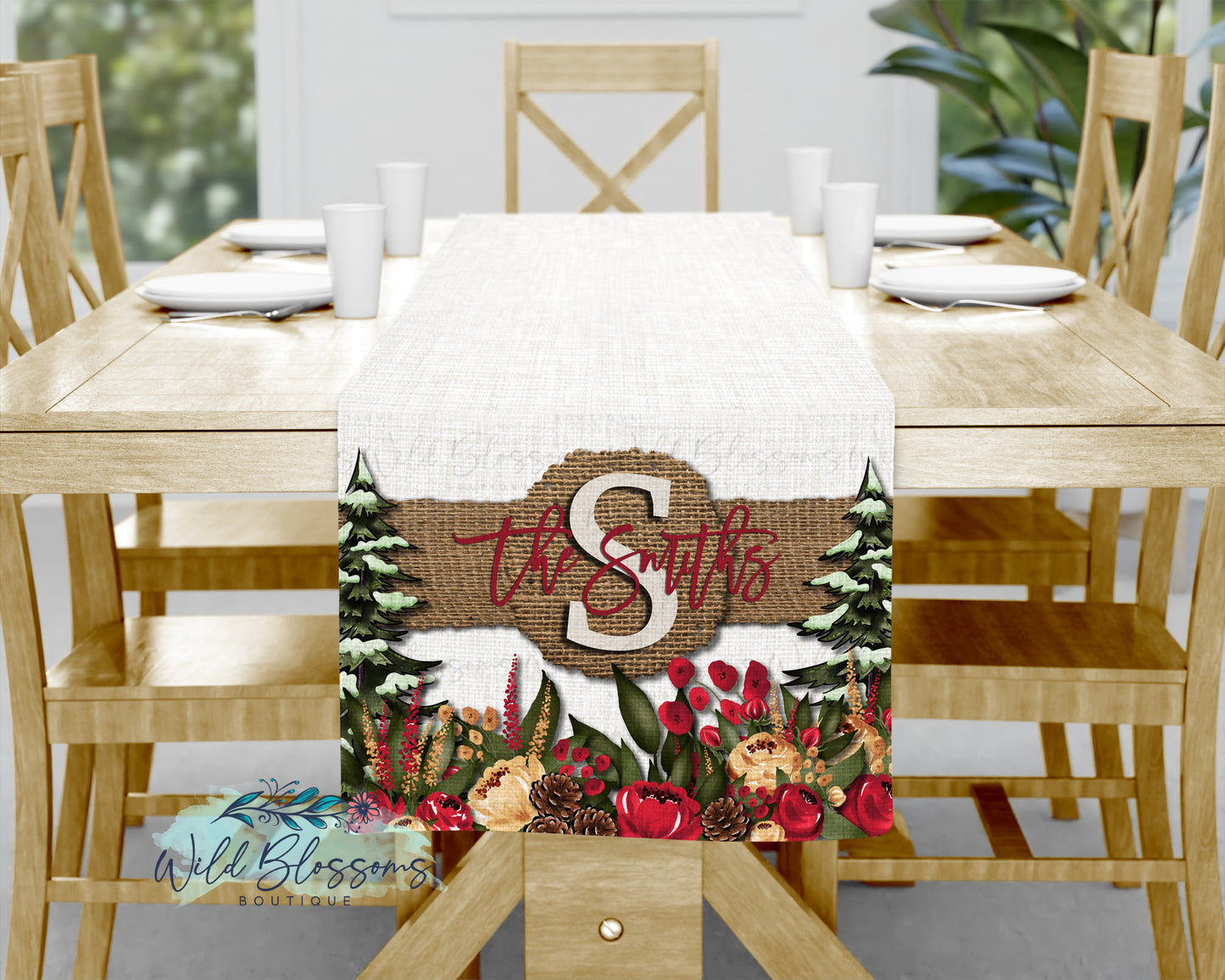 Christmas Floral Burlap Table Runner