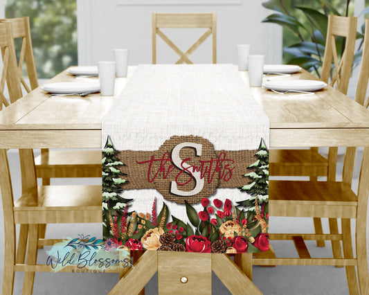Christmas Floral Burlap Table Runner