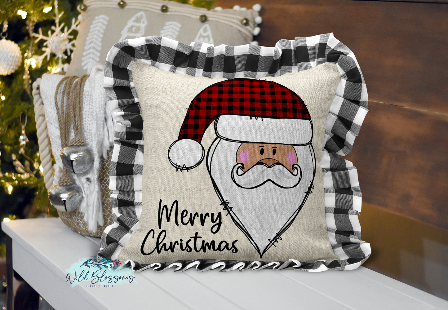 Merry Christmas Buffalo Plaid Santa Pillow
