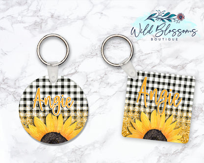 Buffalo Plaid Sunflower Personalized Round or Square Keychain