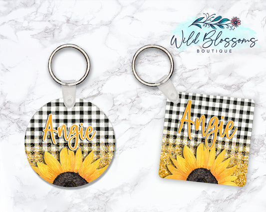 Buffalo Plaid Sunflower Personalized Round or Square Keychain