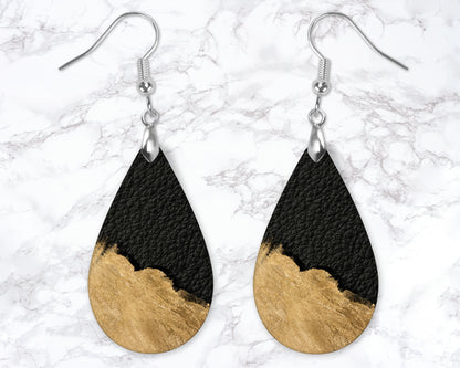 Black And Gold Leather Look Drop Earrings