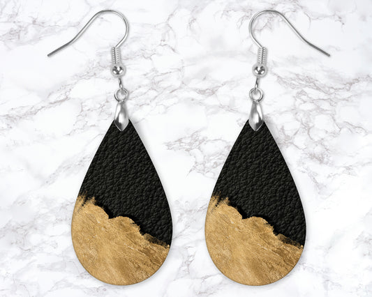 Black And Gold Leather Look Drop Earrings