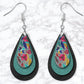 Black, Teal And Grey Floral Leather Look Drop Earrings