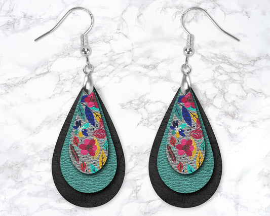 Black, Teal And Grey Floral Leather Look Drop Earrings
