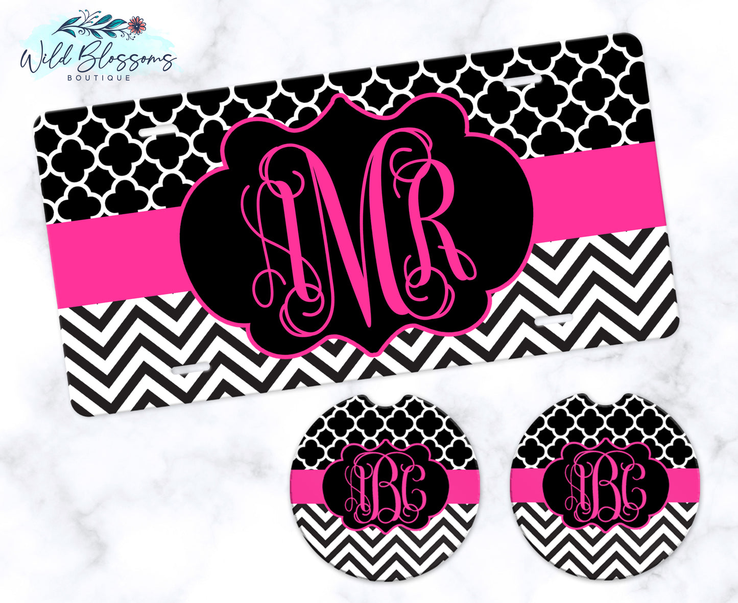 Black And Pink Monogram Car Coasters