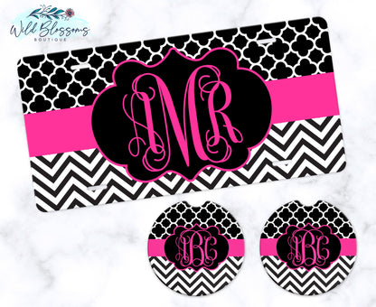 Black And Pink Monogram Car Coasters