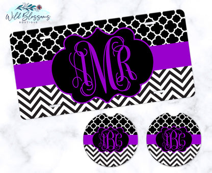 Black And Purple Monogram Car Coasters
