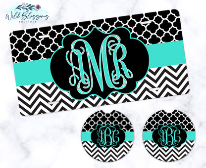 Black And Teal Monogram Car Coasters