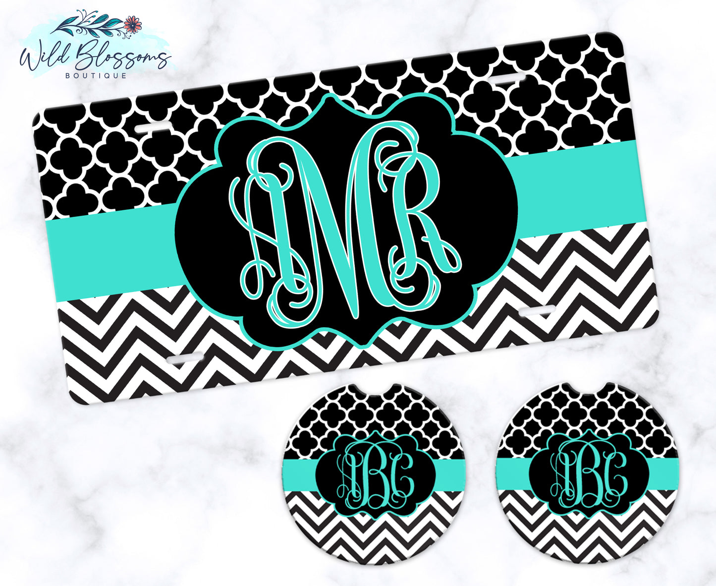 Black And Teal Monogram License Plate