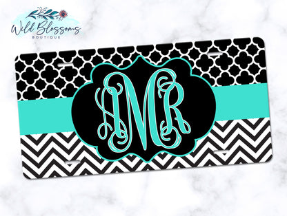 Black And Teal Monogram License Plate