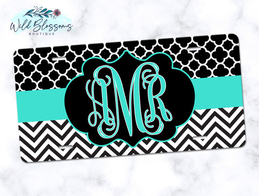 Black And Teal Monogram License Plate