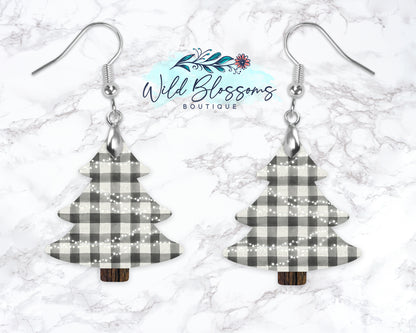 Black And White Buffalo Plaid Christmas Tree Drop Earrings
