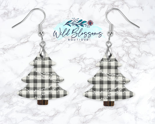 Black And White Buffalo Plaid Christmas Tree Drop Earrings