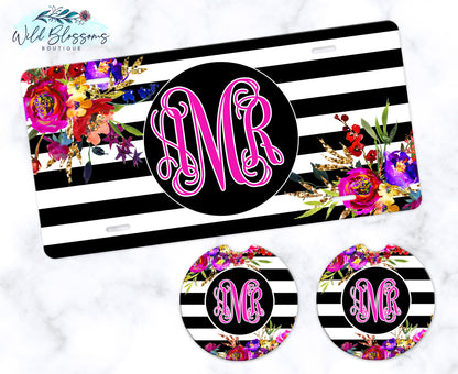 Black And White Striped Bright Floral Monogram Car Coasters