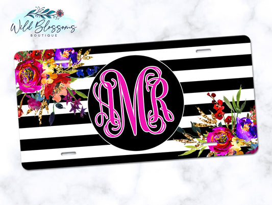 Black And White Striped Bright Floral Monogram License Plate