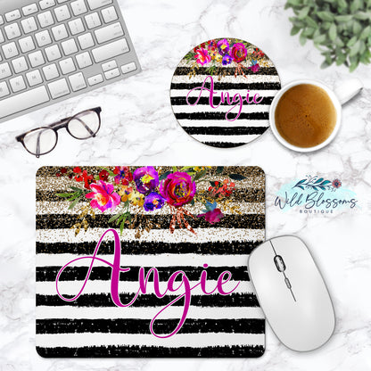 Black And White Striped Gold Floral Personalized Phone Stand