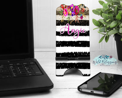 Black And White Striped Gold Floral Personalized Phone Stand