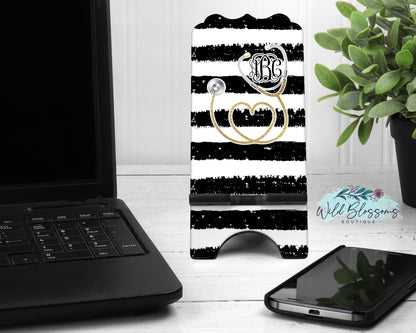 Black And White Striped Gold Stethoscope Personalized Phone Stand
