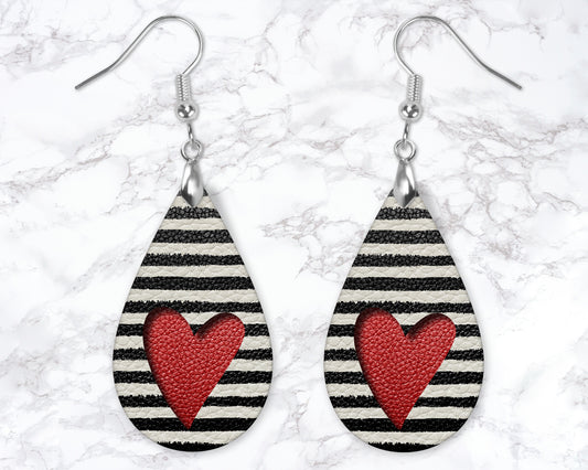Black And White Striped Red Heart Leather Look Drop Earrings