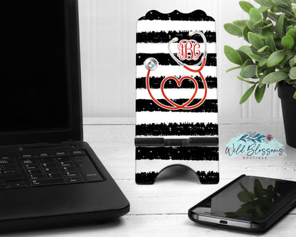 Black And White Striped Red Stethoscope Pesonalized Phone Stand