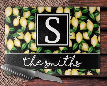 Black Lemon Personalized Family Name Glass Cutting Board