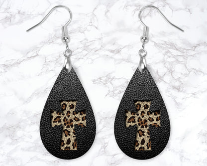 Leopard Print Cross Leather Look Drop Earrings