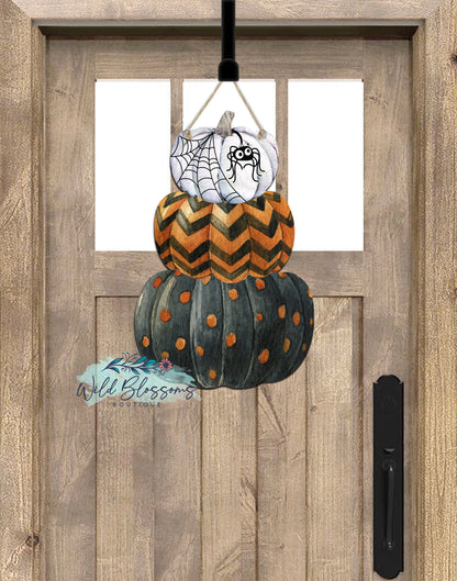 White Spider Orange Chevron Black Polka Dot Stacked Pumpkin Door Hanger