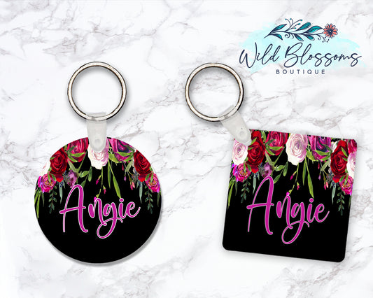 Black Rose Floral Drop Personalized Round or Square Keychain