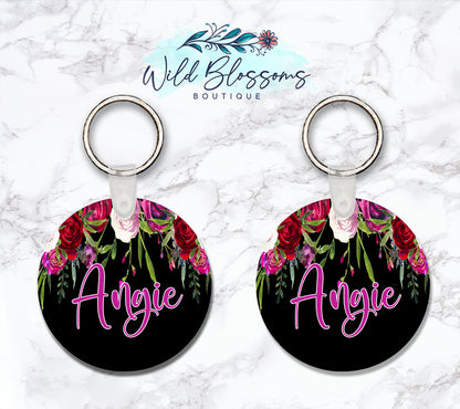 Black Rose Floral Drop Personalized Round or Square Keychain