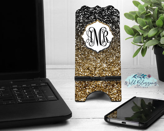 Black and Gold Glitter Ombre Personalized Phone Stand