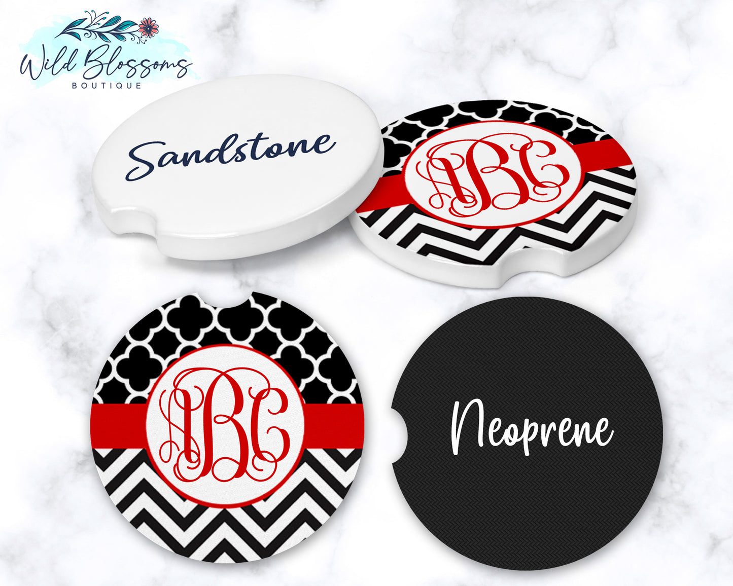 Black And Red Monogram Car Coasters