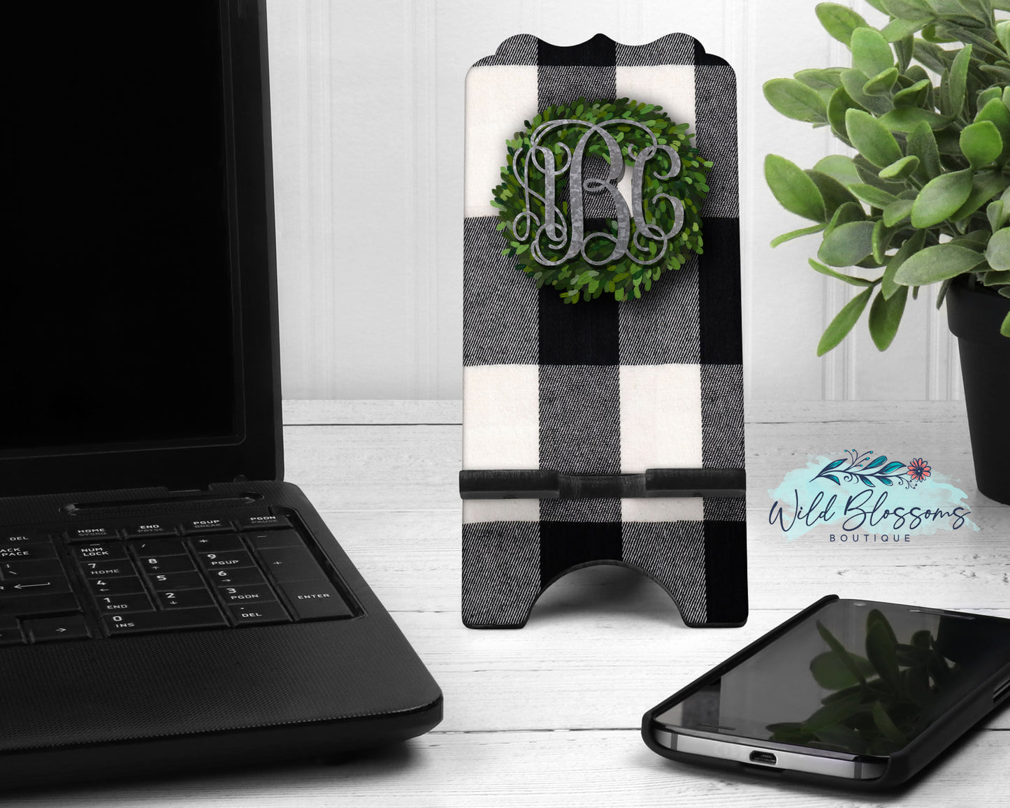 Buffalo Plaid Boxwood Wreath Monogram Mouse Pad And Coaster Desk Set