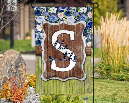 Blue and Green Wooden Floral Personalized Garden Flag