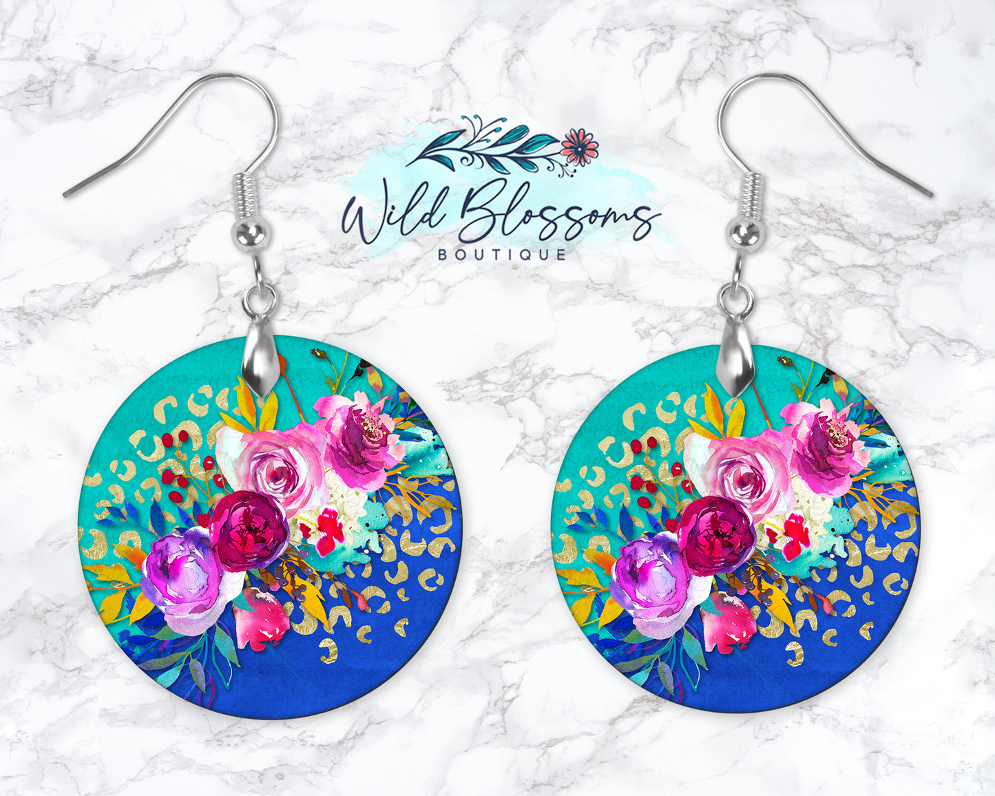 Blue And Teal Floral Round Drop Earrings