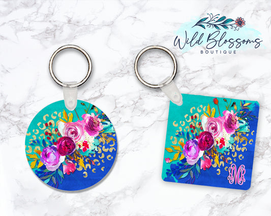 Blue And Teal Floral Personalized Round or Square Keychain