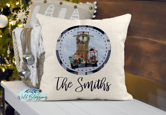 Blue Buffalo Plaid Christmas Sled Personalized Pillow