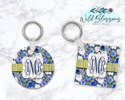Blue Floral Personalized Round or Square Keychain
