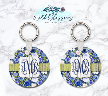 Blue Floral Personalized Round or Square Keychain
