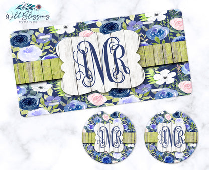 Blue Floral Monogram Car Coasters