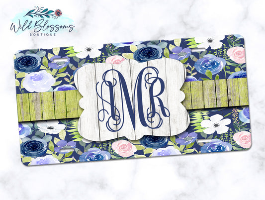 Blue Floral Personalized License Plate