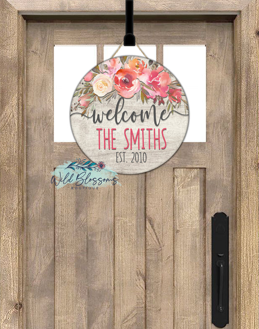 Blush Floral Wooden Welcome Round Shaped Personalized Door Hanger